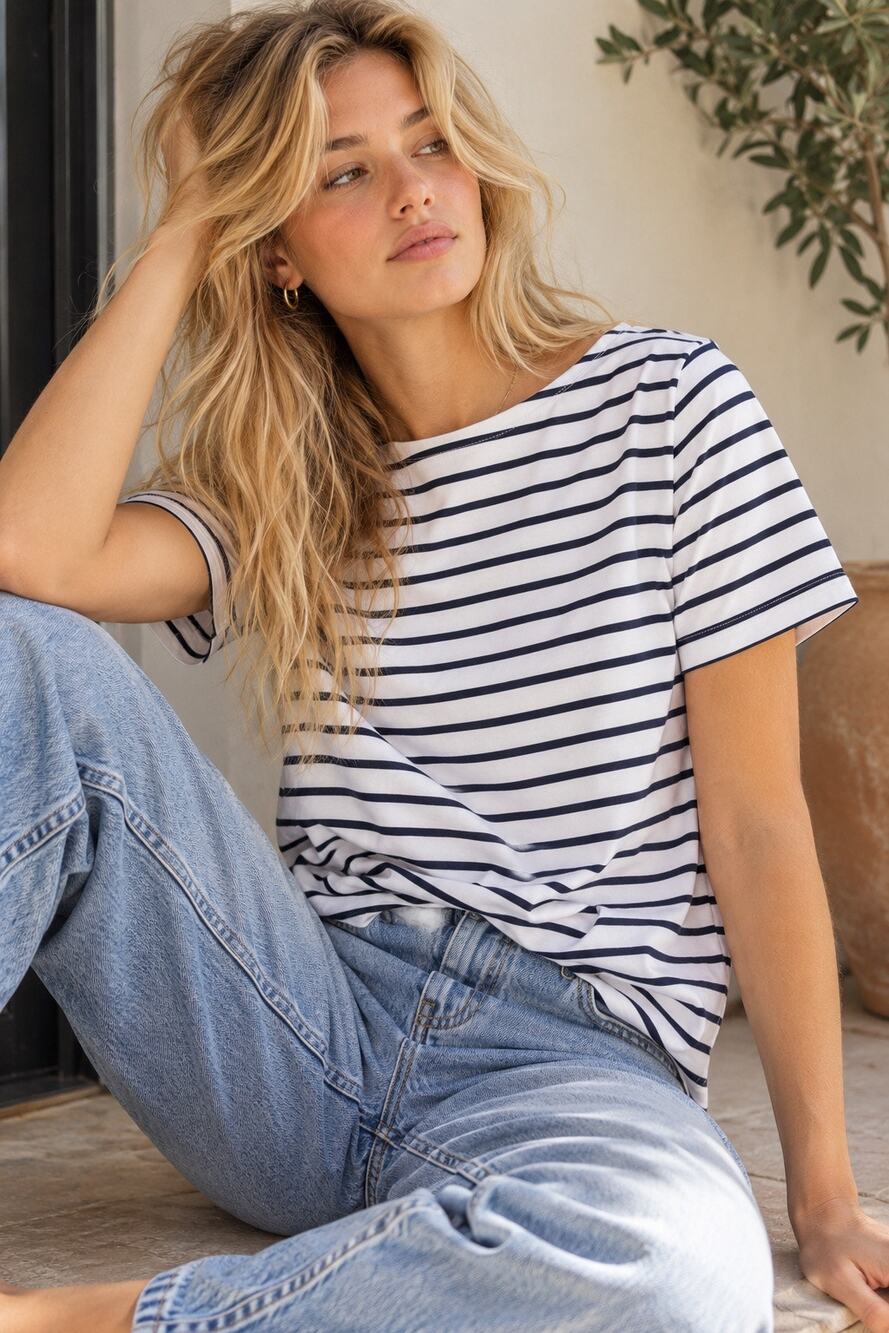 Boden Bea Breton Tee US 12 Navy White Stripe Red Trim Coastal Preppy French Girl
